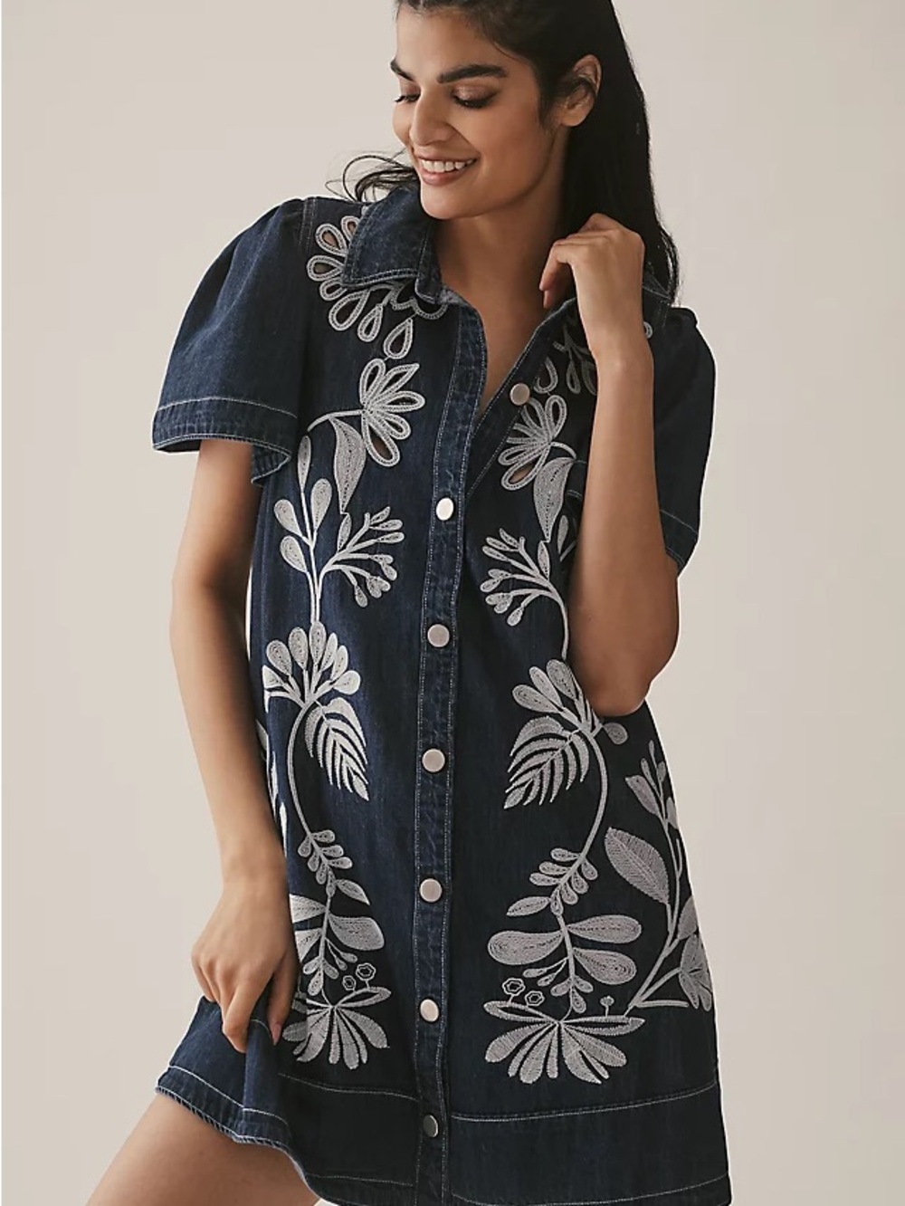 Anthropologie Dark Blue Embroidered Denim Mini Dress